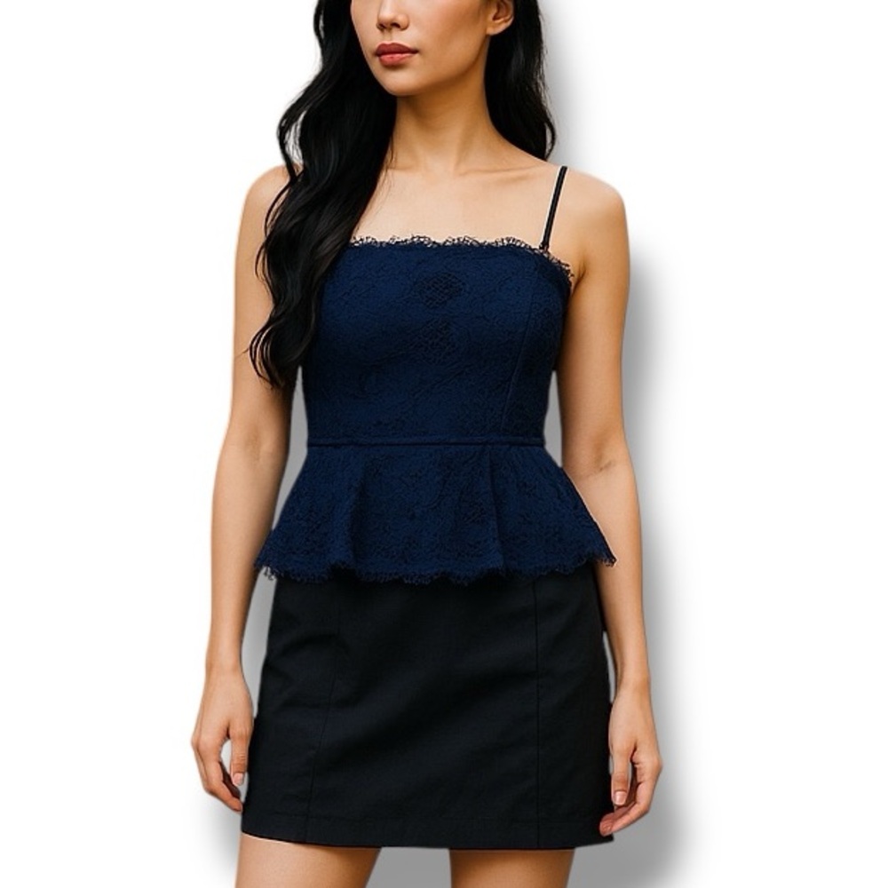 Kate Young Blue Floral Lace Black Satin Spaghetti Strap Peplum Cocktail Dress